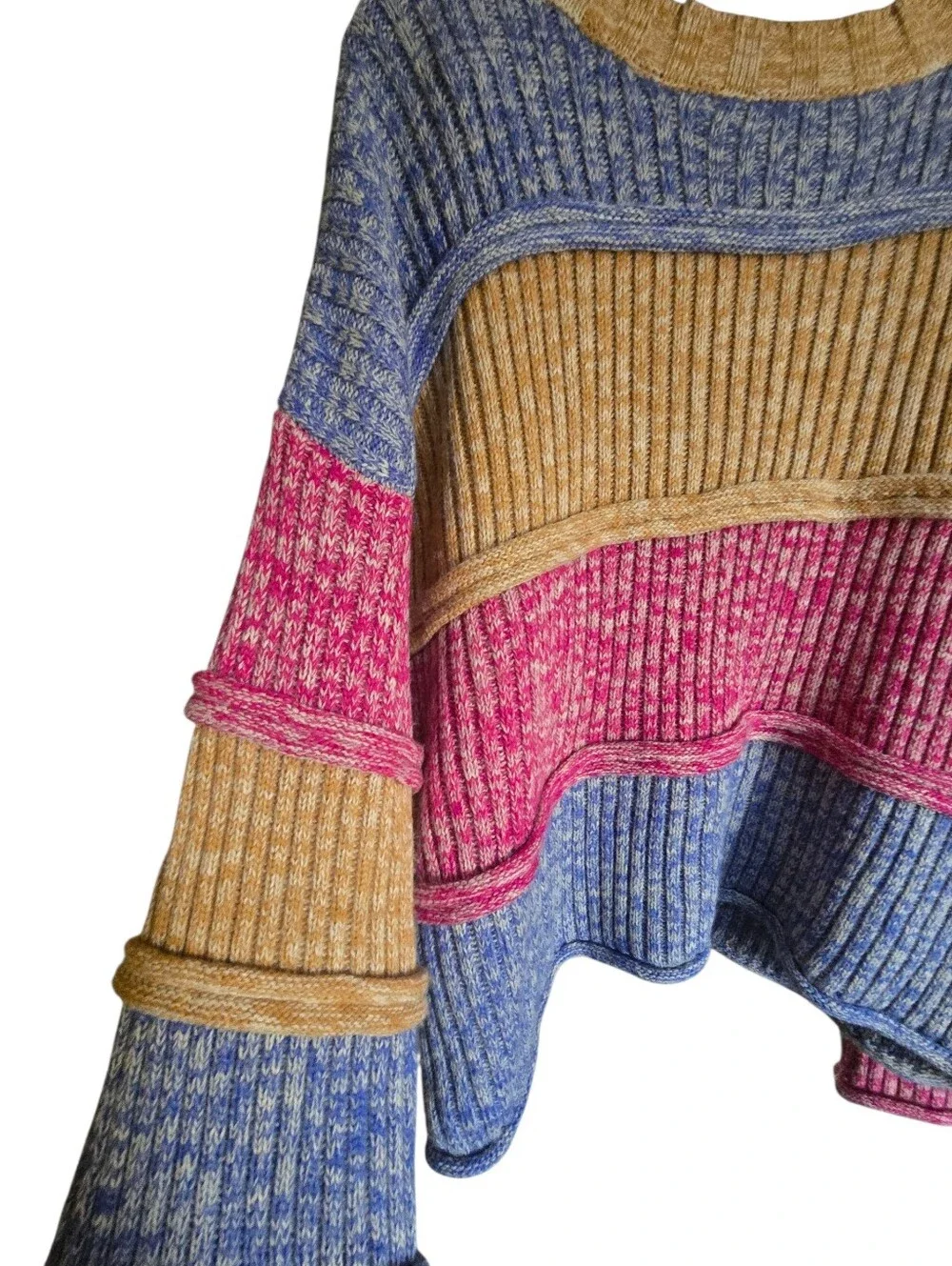 entro Colorblock Ribbed Crewneck Sweater in Blue, Pink & Tan
